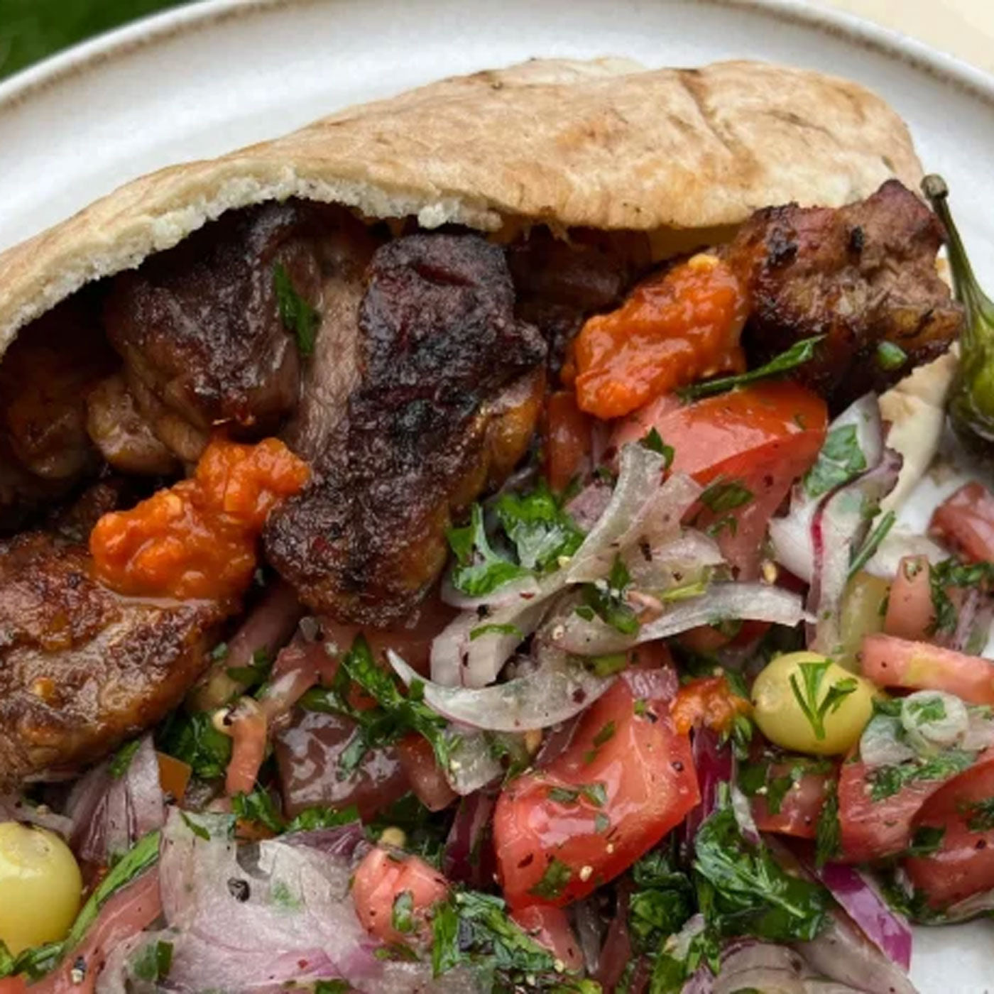 Succulent Lamb Shish in Pitta with a Pickled Chilli Salad