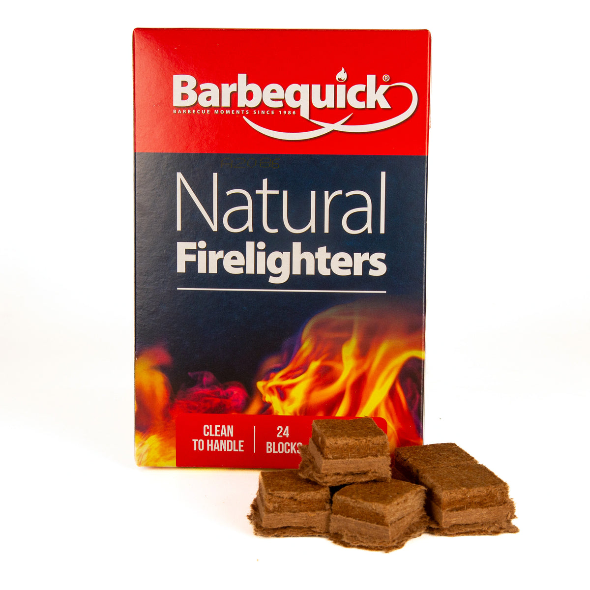 Barbequick Natural Firelighters packaging with fire imagery on a white background