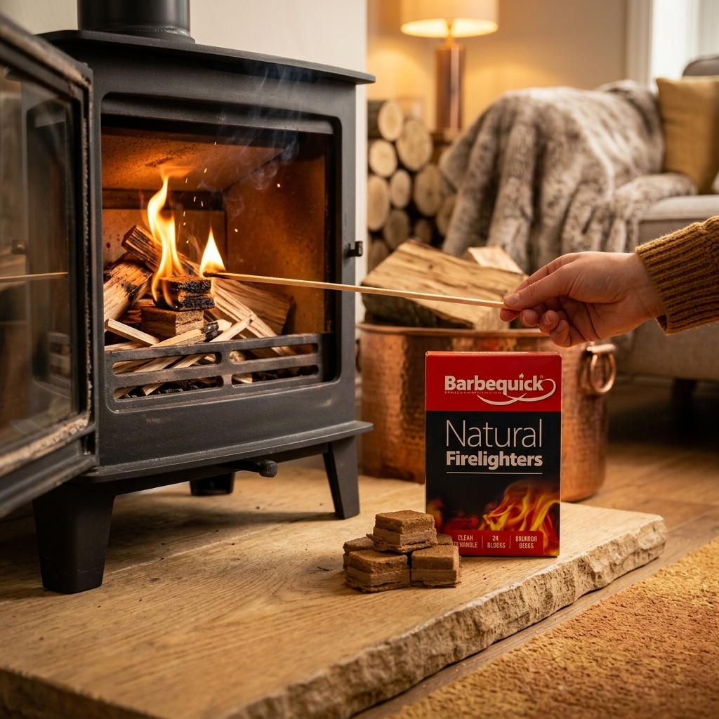 Person using Barbequick Natural Firelighters next to a lit wood stove in a cozy living room.