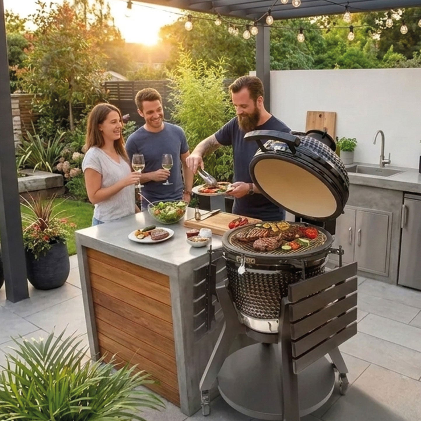 People grilling outdoors on a patio with a large kamado barbecue grill.