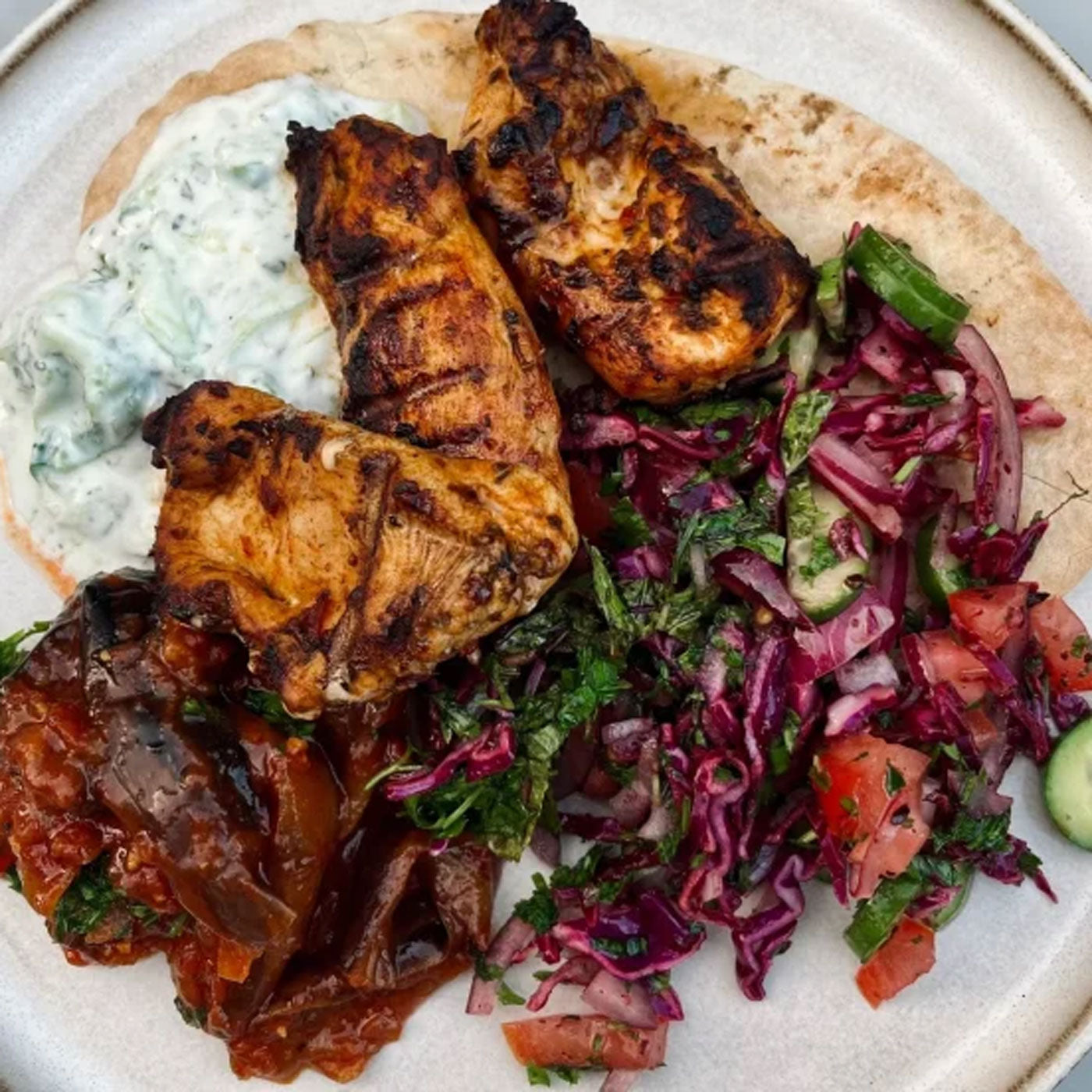 Classic Chicken Shish &amp; Turkish Salad with Cacik &amp; Roasted Aubergine