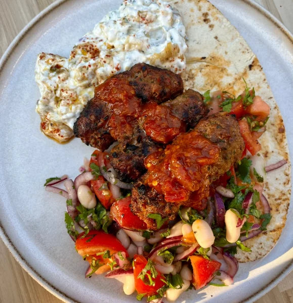 Mini Koftes with Smokey Aubergine Yoghurt &amp; Cannellini Bean Salad