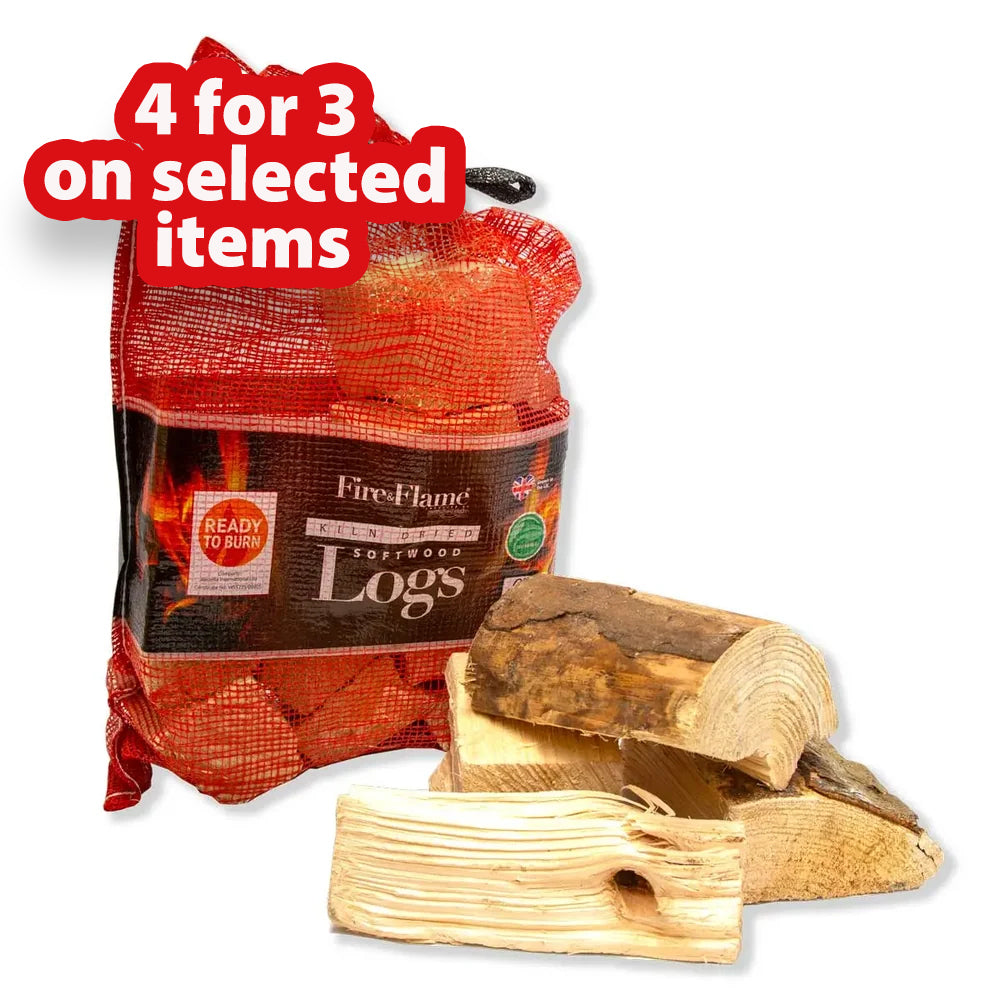 A bag of Fire-Flame Pre-Seasoned Softwood Logs with several split logs displayed in front on a white background