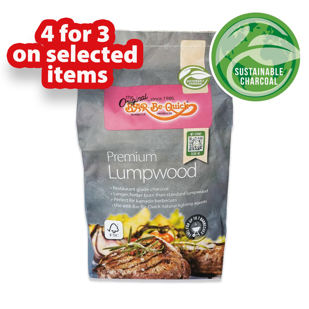 Bag of premium lumpwood charcoal with branding and sustainability label on a white background