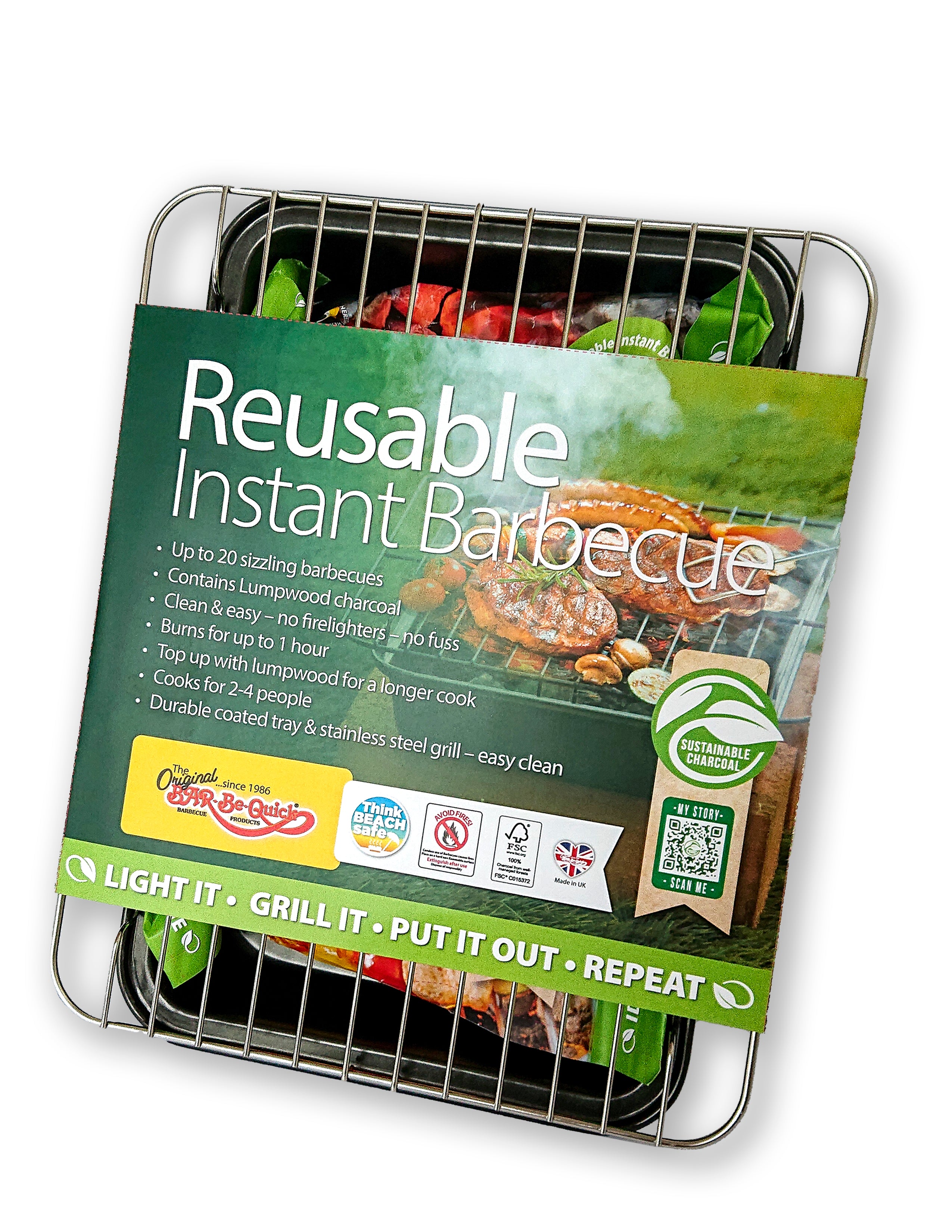 A reusable instant barbecue tray with a metal grid frame and a green product label, shown on a plain white background.