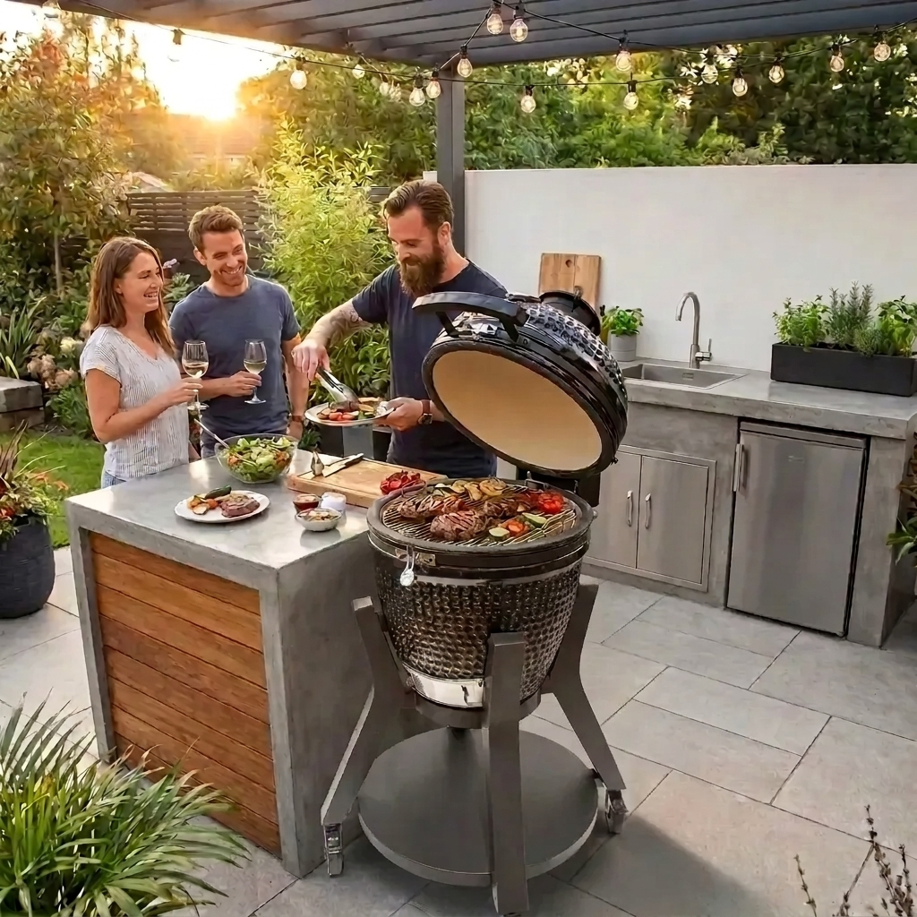 People grilling outdoors in a modern backyard setting with a large barbecue grill.

