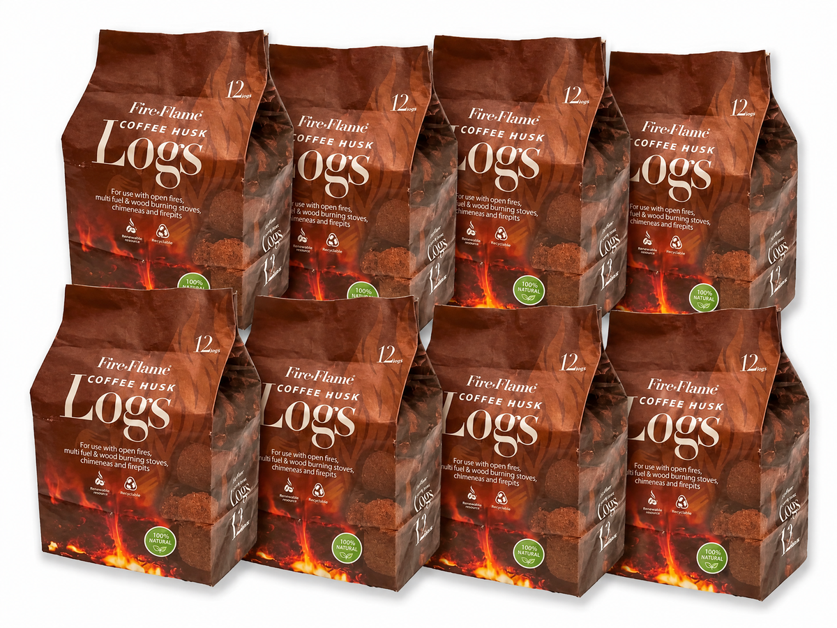 Fire & Flame Complete Coffee Husk Log Bundle | 8 Packs | 96 Logs