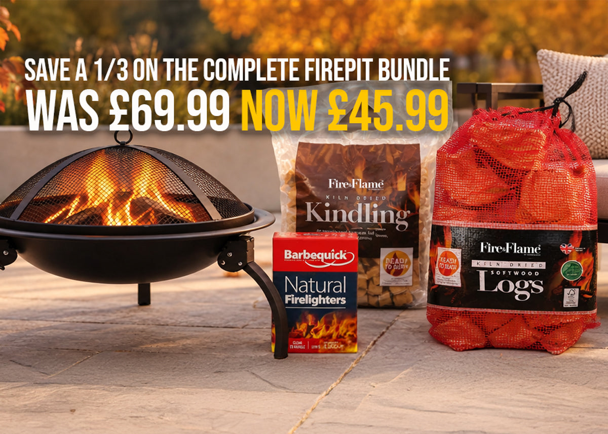 Firepit bundle set up on a stone patio with a black fire pit bowl containing flames, a bag of Barbequick Natural Firefighters, a bag of FireFlame Kindling, and a red mesh bag of FireFlame Logs. Promotional text at the top reads 'SAVE A 1/3 ON THE COMPLETE FIREPIT BUNDLE WAS £69.