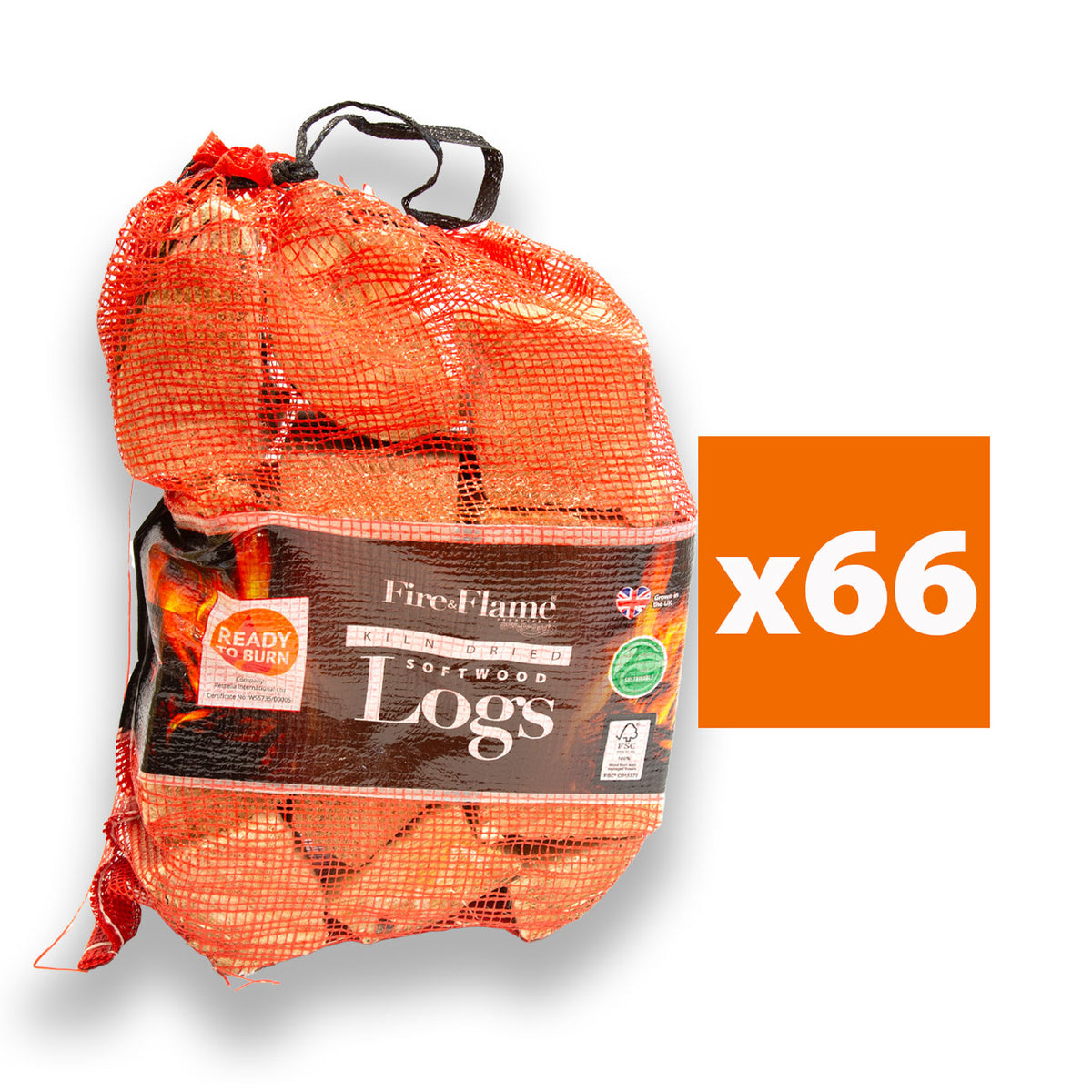 Fire & Flame Kiln-Dried Softwood Logs Full Pallet Bundle | 66 Net Bags